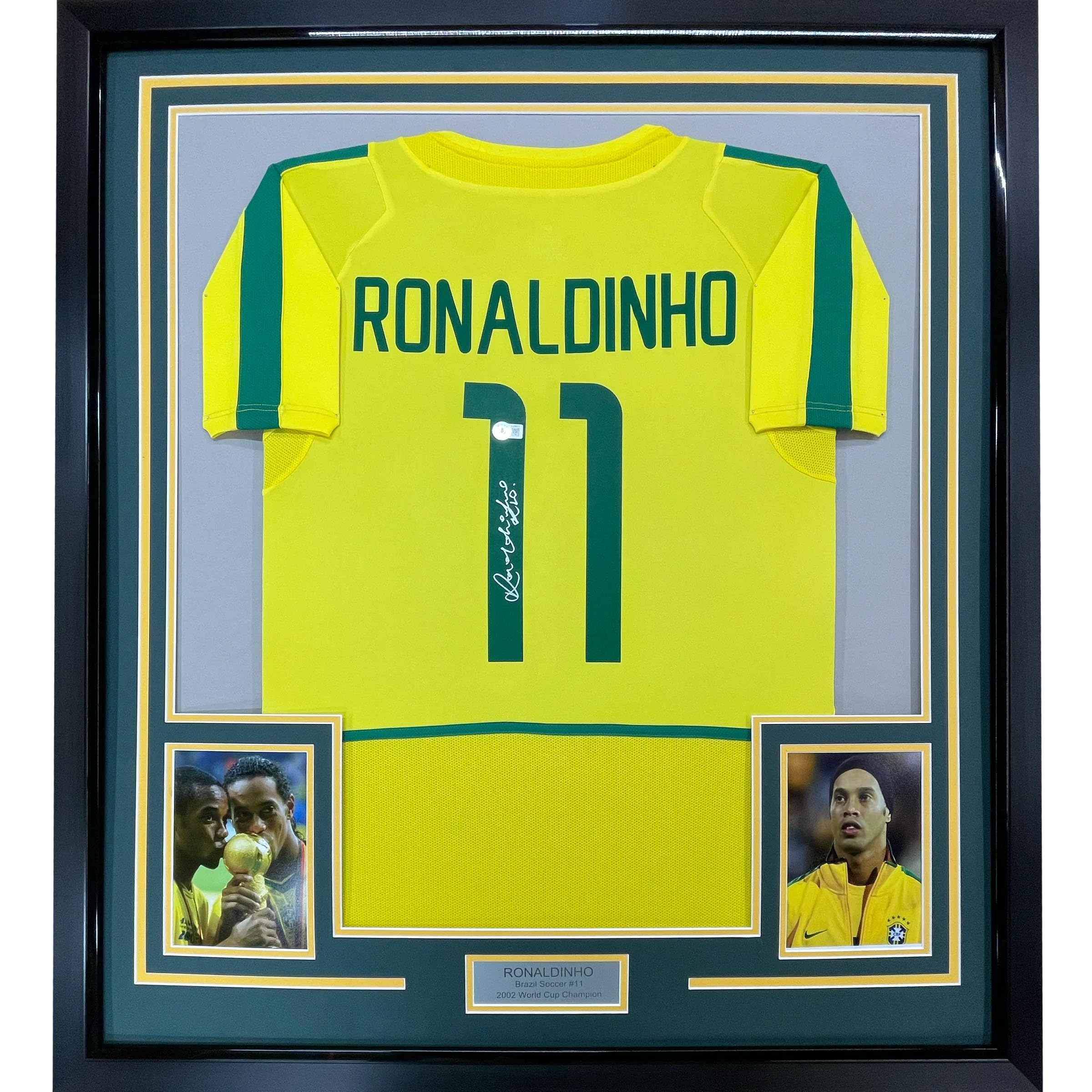 Framed Autographed/Signed Ronaldinho 35x39 Brazil Yellow Soccer